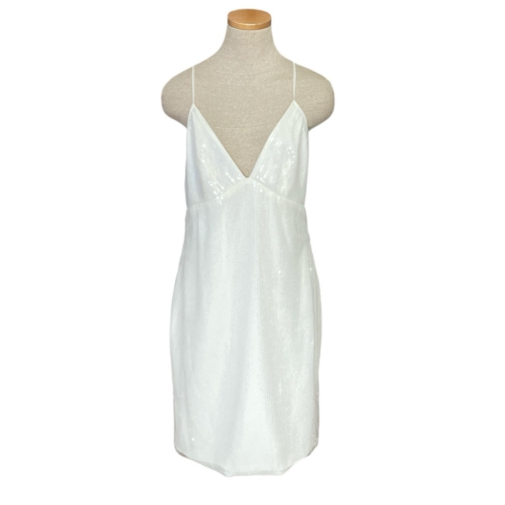 AMSALE BHLDN White Slip Dress Tulle Sequins Deep V Neck Mini Wedding Size 12